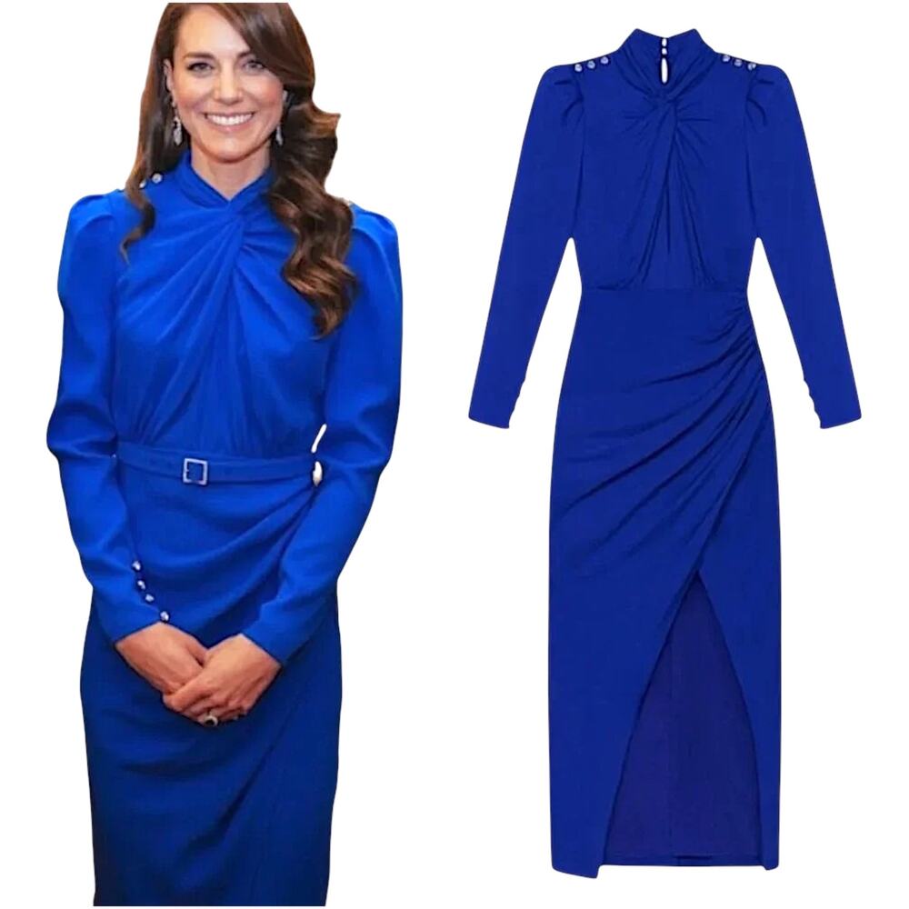 Self-Portrait NWT Crepe Twist Collar Midi Dress Kate Middleton Blue SZ 4 UK 0 US